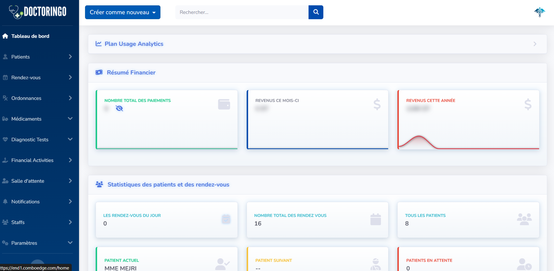 Tableau de bord de Doctoringo, notre système de gestion médicale pour cliniques.