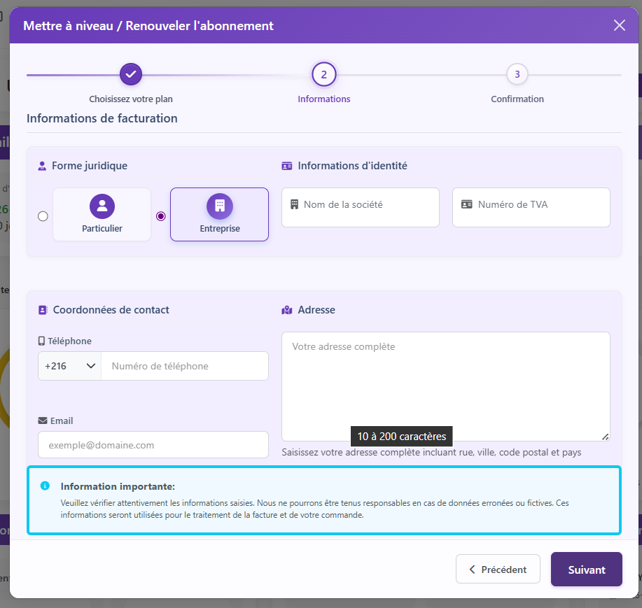 Tableau de bord de gestion des forfaits et de la facturation pour notre système d'abonnement SaaS.