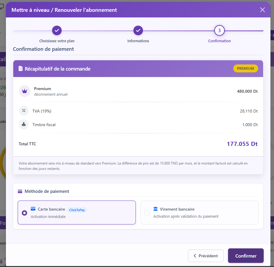 Tableau de bord de gestion des forfaits et de la facturation pour notre système d'abonnement SaaS.