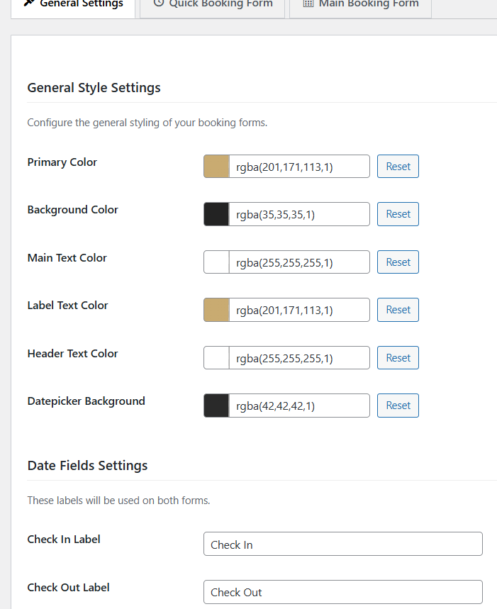 Interface de personnalisation du plugin de réservation d'hôtel .