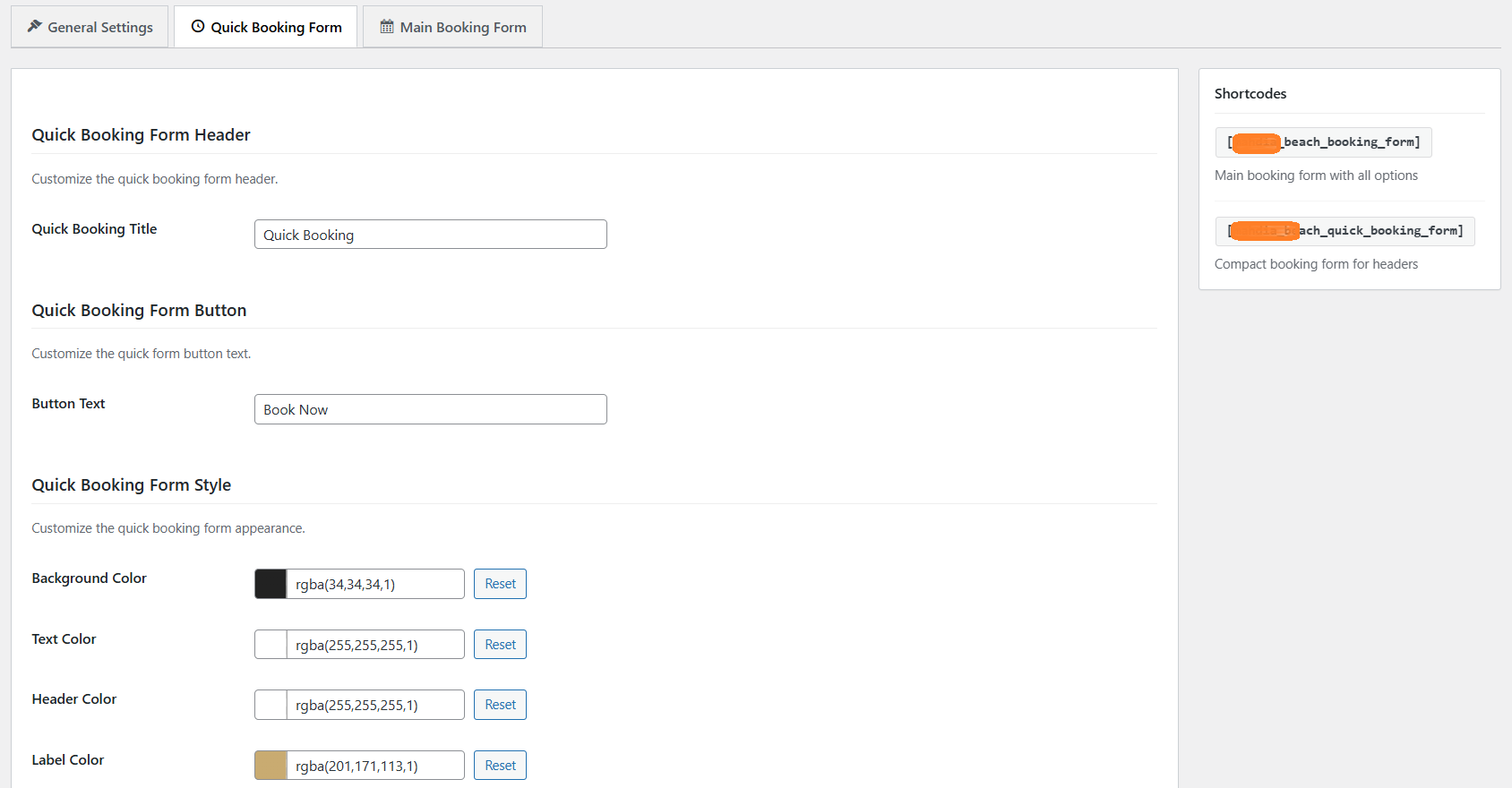 Interface de personnalisation du plugin de réservation d'hôtel.