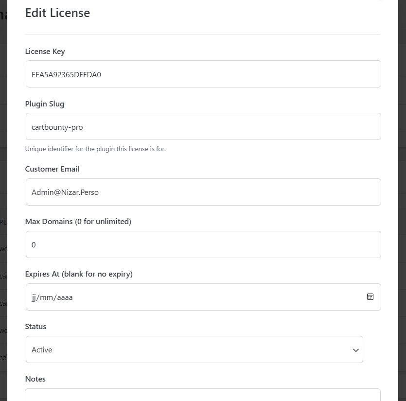 Tableau de bord de gestion des activations de licences WordPress.