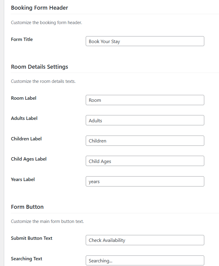 Interface de personnalisation du plugin de réservation d'hôtel.