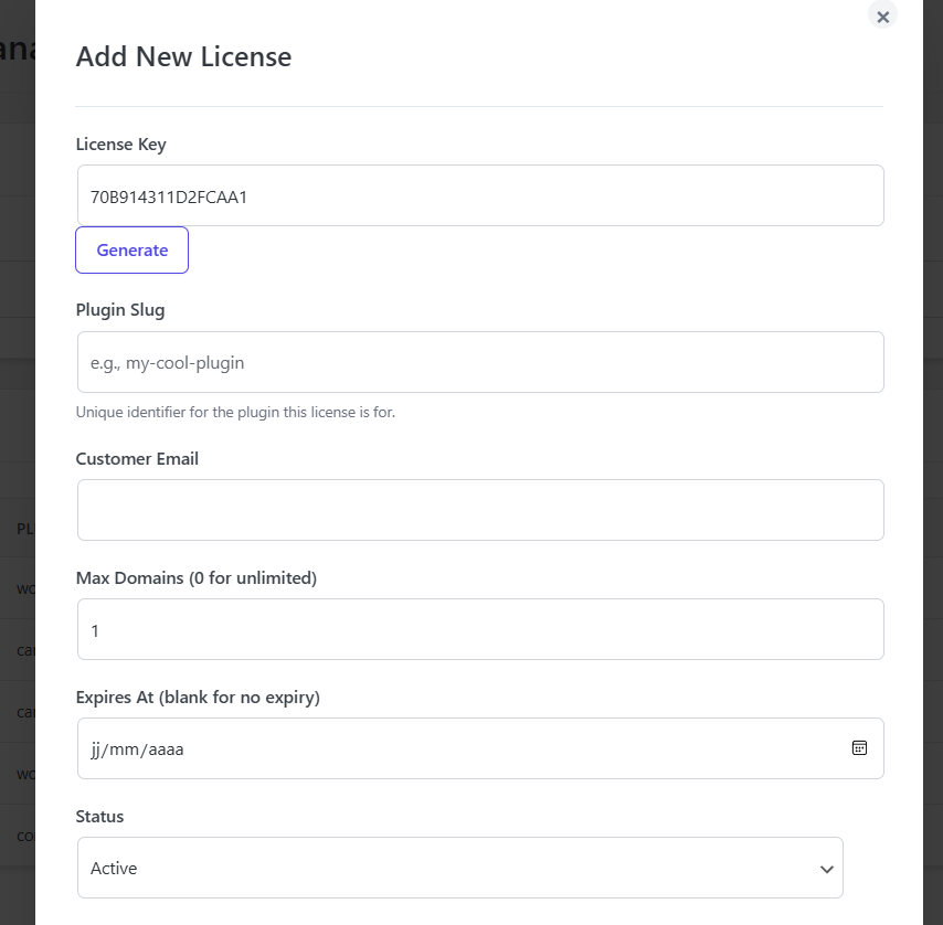 Tableau de bord de gestion des activations de licences WordPress.