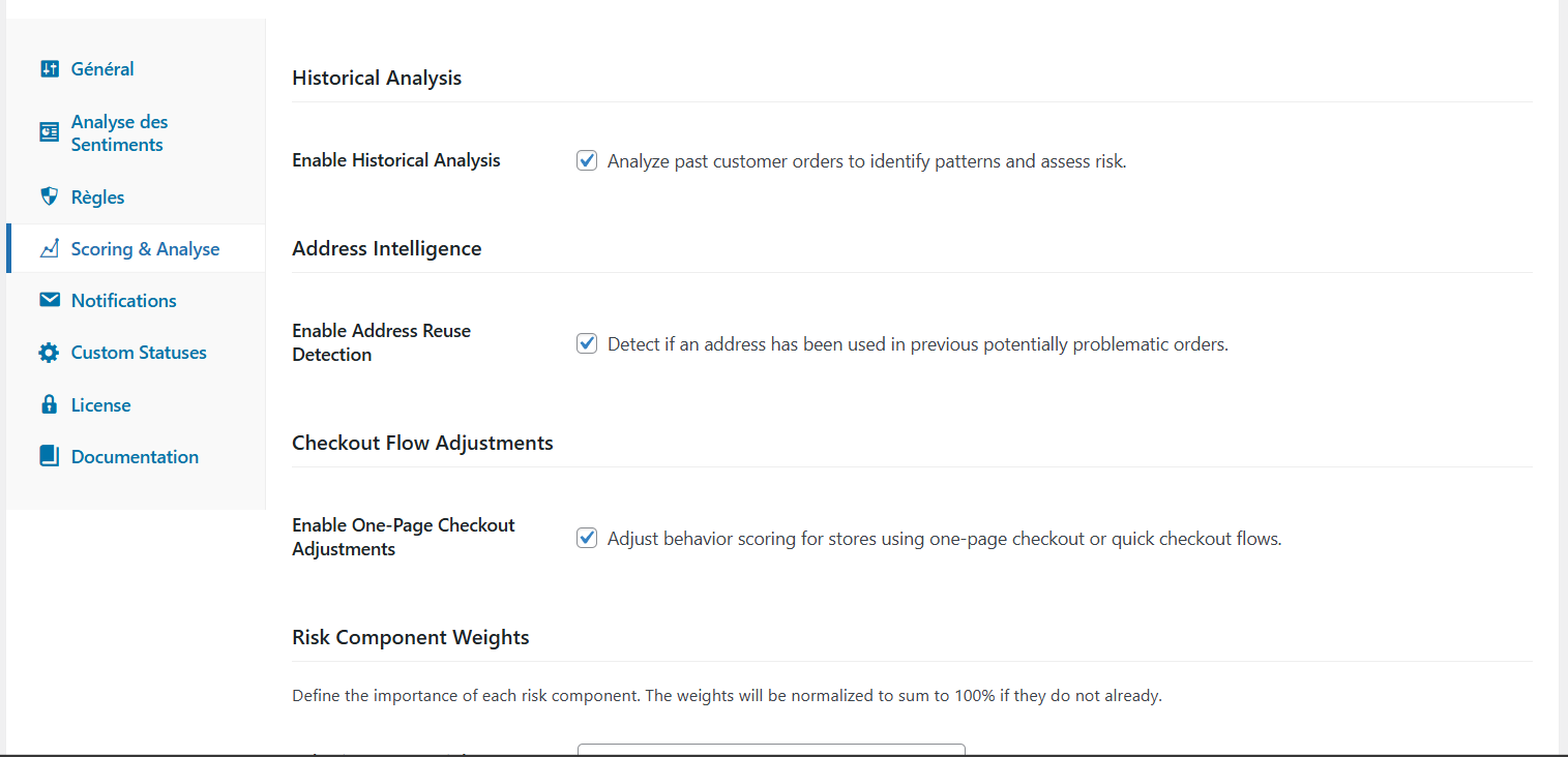 Tableau de bord du plugin Woo Fraud Prevention pour la détection de fraude sur WooCommerce.