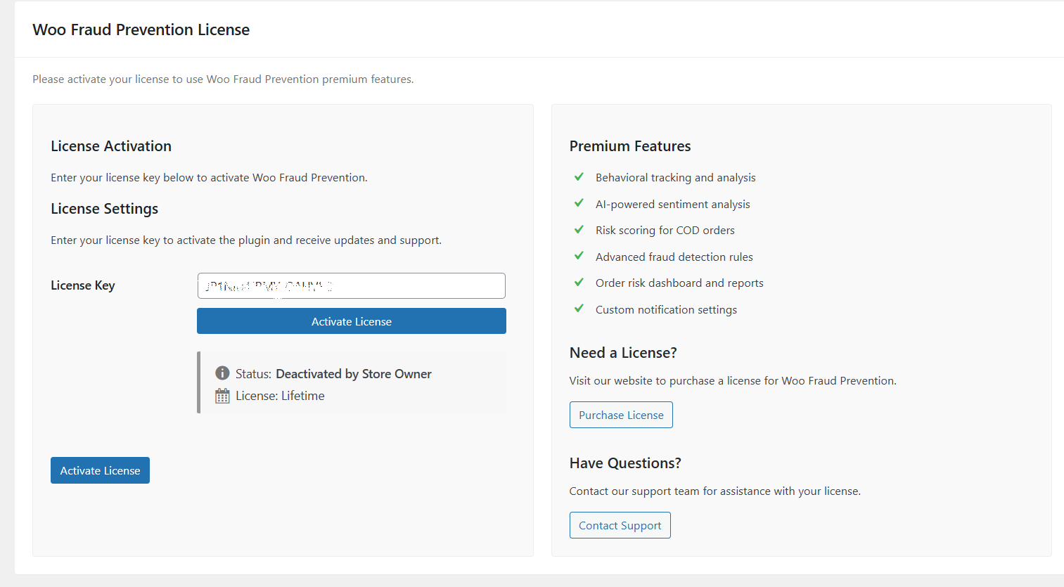 Tableau de bord du plugin Woo Fraud Prevention pour la détection de fraude sur WooCommerce.