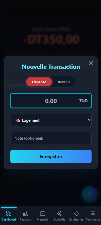 Page d'ajout de transaction de notre application de budget sur mesure.