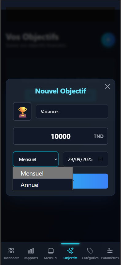 Page d'ajout d'objectif de notre application de budget sur mesure.