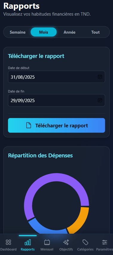 Page de telechargement de rapport de notre application de budget sur mesure.