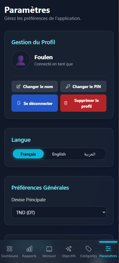 Page de paramétre de notre application de budget sur mesure.