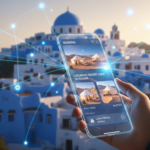 Digitalisation tourisme Tunisie : Concept futuriste montrant la réservation en ligne d'un voyage en Tunisie via une interface e-commerce moderne.