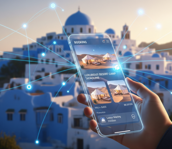 Digitalisation tourisme Tunisie : Concept futuriste montrant la réservation en ligne d'un voyage en Tunisie via une interface e-commerce moderne.