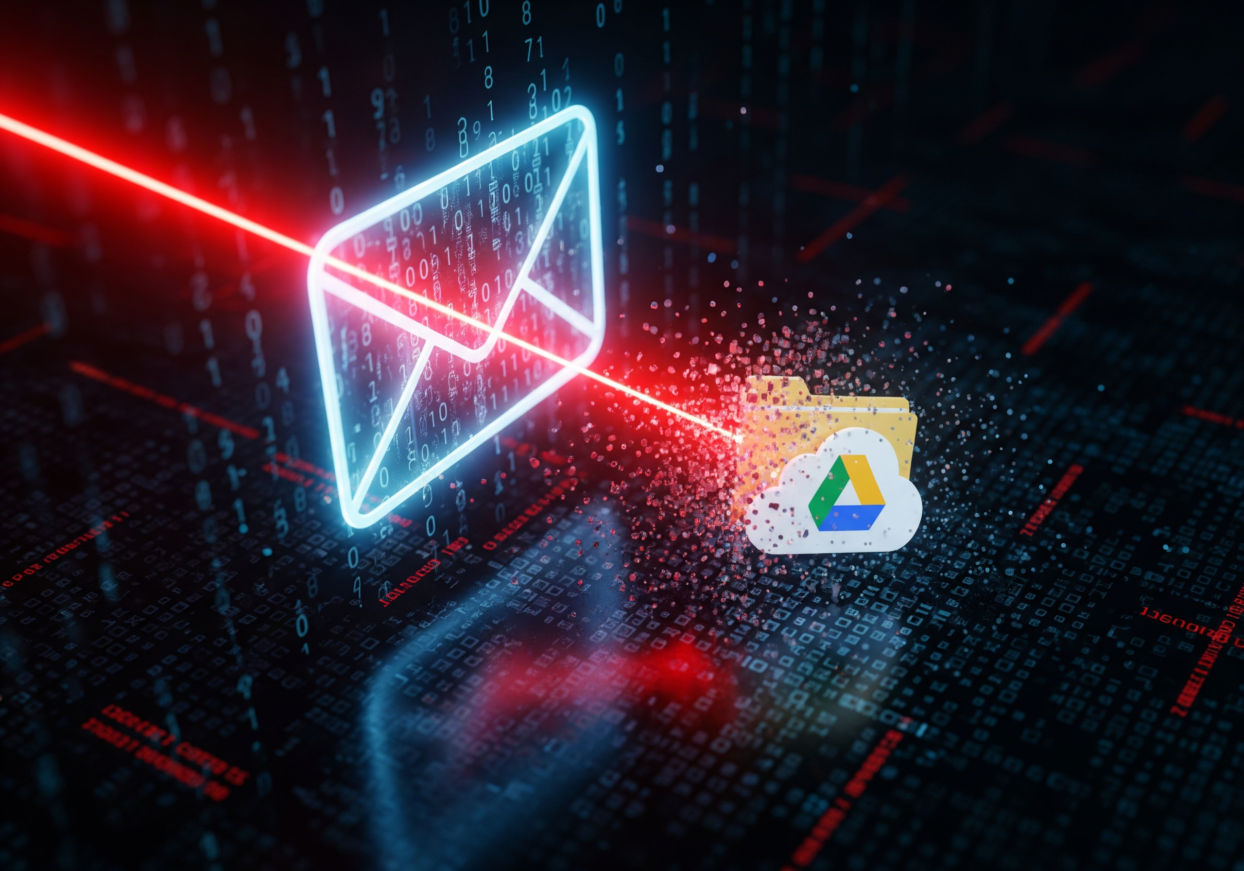 Illustration d'une attaque zero-click sur Gmail causant la suppression de données Google Drive via une faille IA.