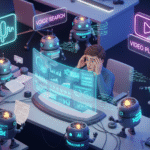 Illustration 3D futuriste représentant les tendances SEO 2026 : un expert en marketing digital travaillant avec une IA générative et des outils de recherche vocale