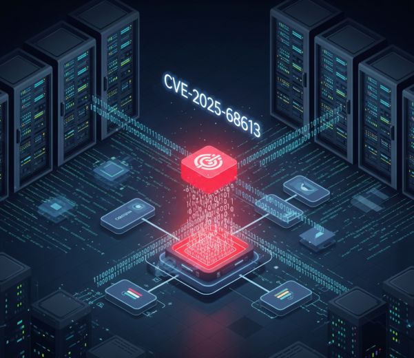 Illustration de la vulnérabilité CVE-2025-68613 dans n8n montrant une injection de code malveillant dans un workflow.