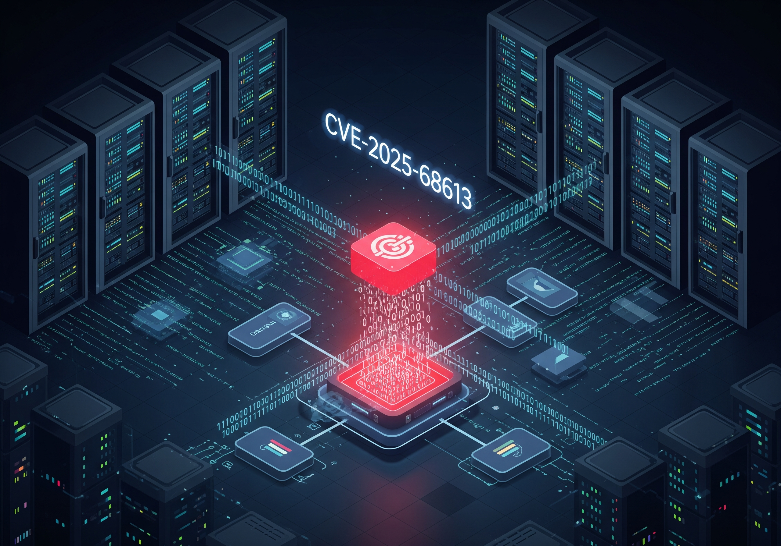 Illustration de la vulnérabilité CVE-2025-68613 dans n8n montrant une injection de code malveillant dans un workflow.
