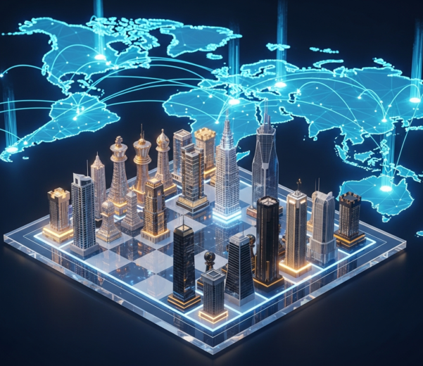 Échiquier stratégique représentant les fusions-acquisitions et la croissance externe des holdings en 2026.