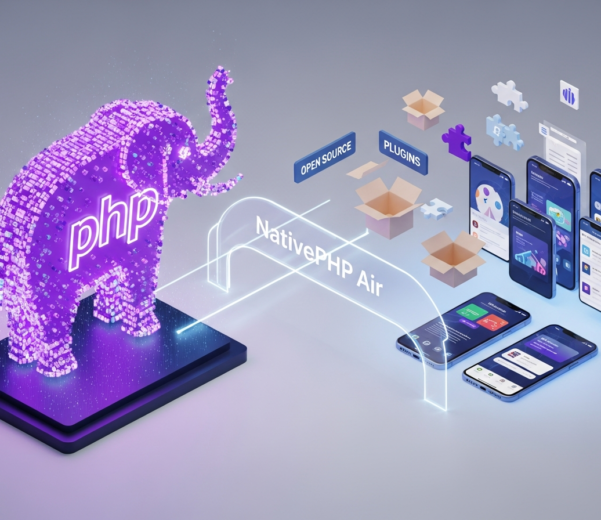 Illustration du framework NativePHP Air rendant le développement mobile accessible aux développeurs PHP grâce à l'Open Source.