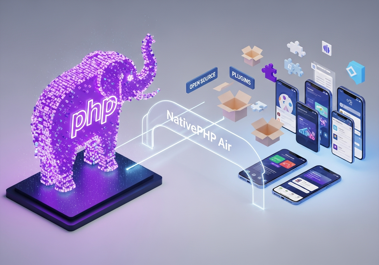 Illustration du framework NativePHP Air rendant le développement mobile accessible aux développeurs PHP grâce à l'Open Source.